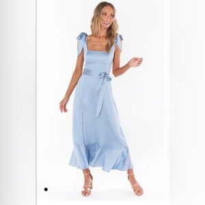 Show Me Your Mumu Claire Midi Dress in Steel Blue Satin